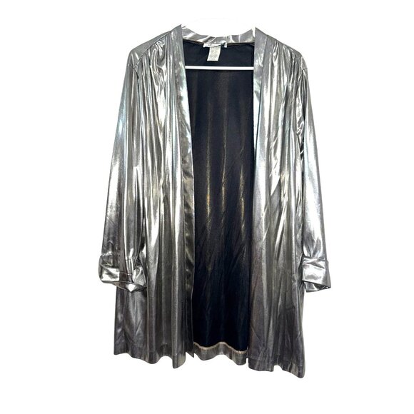 Metallic Silver 2-Piece Set Open Front Duster Jacket & Short Sleeve Top Womens S - Picture 1 of 12